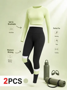 SHEIN Cheerettes Setelan Olahraga Kasual Sehari-hari untuk Wanita Ukuran Plus, Atasan Lengan Panjang Warna Polos dan Legging - MultiWarna - View 1