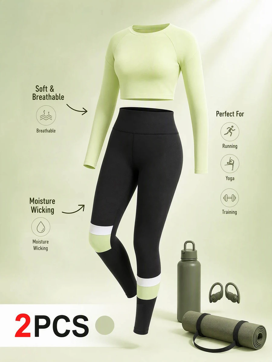 SHEIN Cheerettes Setelan Olahraga Kasual Sehari-hari untuk Wanita Ukuran Plus, Atasan Lengan Panjang Warna Polos dan Legging - MultiWarna - View 1