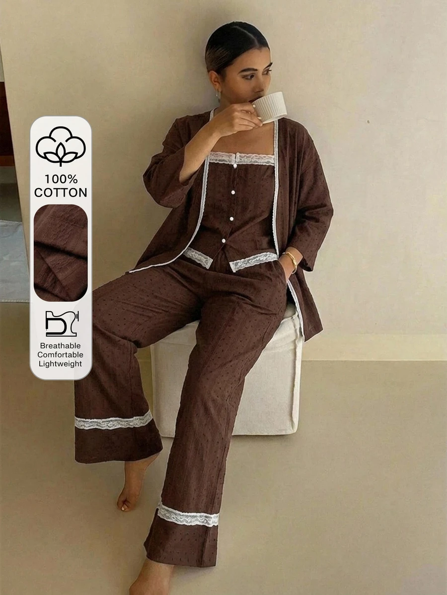 DAZY 3件組度假風3D波點紋理布料女款睡衣套裝 - 棕色 - 查看 1