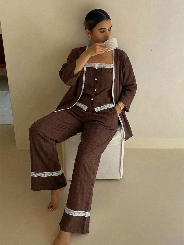 DAZY 3-Piece Vacation Style 3D Polka Dot Textured Fabric Women's Pajama Set - Brown - View 8