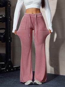 Flexra Dopamine Style Raspberry Pink Distressed 4-Way Stretch Soft Denim Loose Flared Long Pants, High Waist Drawstring Comfortable Sweatpants With Front And Back Pockets, Leg-Flattering Everyday Versatile Sporty Flare Pants - Pink - View 8