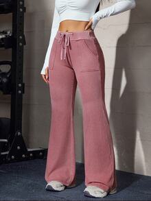 Flexra Dopamine Style Raspberry Pink Distressed 4-Way Stretch Soft Denim Loose Flared Long Pants, High Waist Drawstring Comfortable Sweatpants With Front And Back Pockets, Leg-Flattering Everyday Versatile Sporty Flare Pants - Pink - View 6