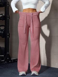 Flexra Dopamine Style Raspberry Pink Distressed 4-Way Stretch Soft Denim Loose Flared Long Pants, High Waist Drawstring Comfortable Sweatpants With Front And Back Pockets, Leg-Flattering Everyday Versatile Sporty Flare Pants - Pink - View 3