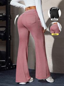 Flexra Dopamine Style Raspberry Pink Distressed 4-Way Stretch Soft Denim Loose Flared Long Pants, High Waist Drawstring Comfortable Sweatpants With Front And Back Pockets, Leg-Flattering Everyday Versatile Sporty Flare Pants - Pink - View 11