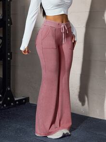 Flexra Dopamine Style Raspberry Pink Distressed 4-Way Stretch Soft Denim Loose Flared Long Pants, High Waist Drawstring Comfortable Sweatpants With Front And Back Pockets, Leg-Flattering Everyday Versatile Sporty Flare Pants - Pink - View 7