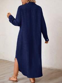Linhara CURVE Plus Size Women's Solid Color Long Sleeve Shirt Dress Maxi Women Outfit Fall - Navy Blue - View 2