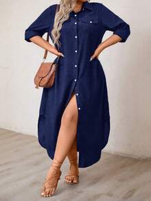 Linhara CURVE Plus Size Women's Solid Color Long Sleeve Shirt Dress Maxi Women Outfit Fall - Navy Blue - View 7