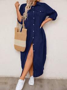 Linhara CURVE Plus Size Women's Solid Color Long Sleeve Shirt Dress Maxi Women Outfit Fall - Navy Blue - View 8