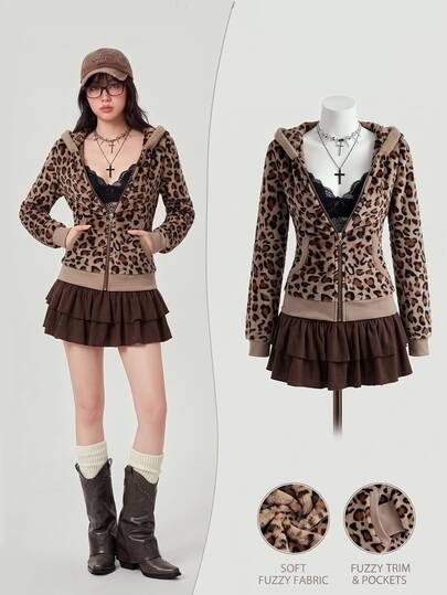 Elamini 1pc Women's Printed Leopard Heart Zip-Up Flannel Thermal Lined Sweatshirt Jacket,All Shades Of Brown,Winter,Streetwear,Night Out,Loungewear,Soft Cute