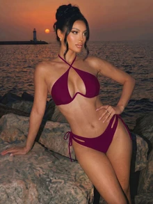Swim SXY 女款夏季海灘純色掛脖綁帶性感比基尼三角褲兩件式泳衣套裝 - 中紫紅色 - 查看 5
