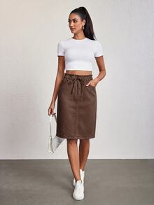 SHEIN Tall 女款休閒丹寧裙，附荷葉邊飾邊、腰部繫帶與口袋，日常咖啡色夏季款 - 棕色 - 查看 6
