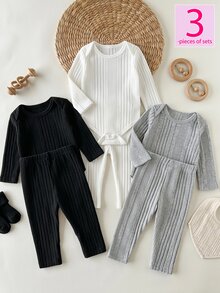 SHEIN Vintaside Kids 3件組女嬰幼兒女童休閒寬鬆打底褲套裝，白色、黑色、淺灰色素色針織羅紋長袖圓領，適合假期派對、居家、冬季穿著 - 彩色 - 查看 1