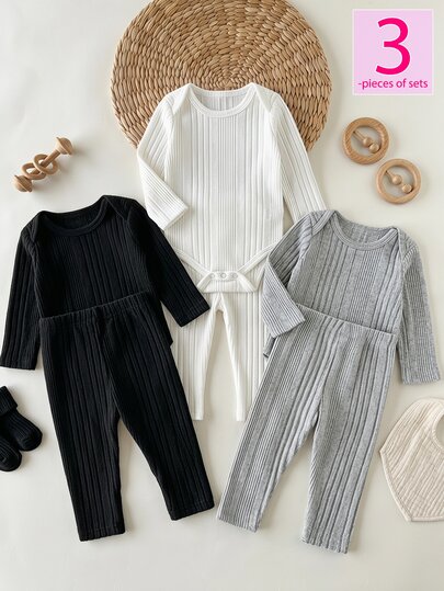 SHEIN Vintaside Kids Set Legging Elastis Bergaris Rajut 3 Warna Hitam Abu-abu Putih untuk Anak Perempuan Musim Gugur, Serbaguna untuk Sehari-hari, Cocok untuk Jalan-jalan, Sekolah, Olahraga Luar Ruangan, Pakaian Kasual, dan Berbagai Acara.