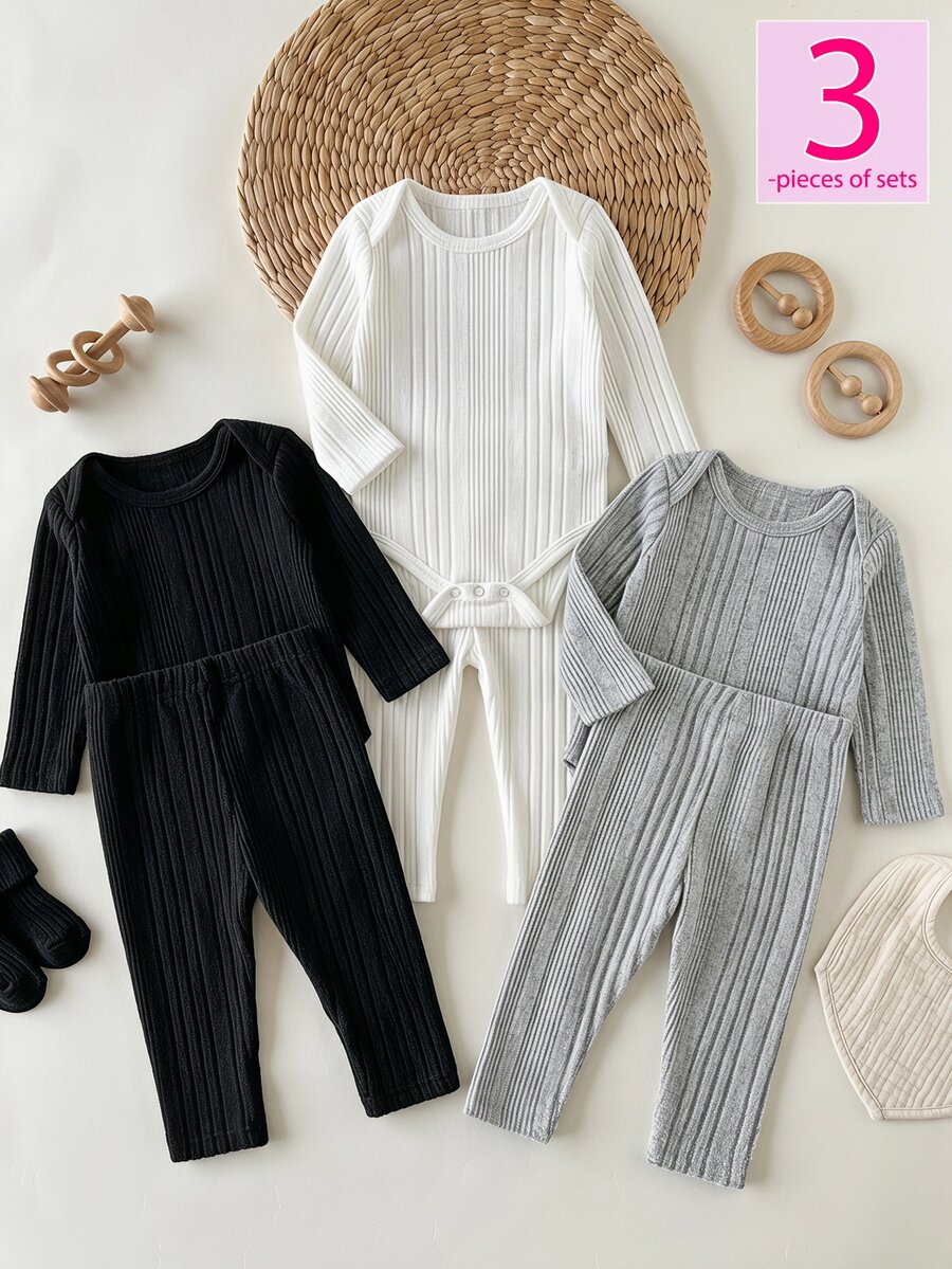 SHEIN Vintaside Kids 3件組女嬰幼兒女童休閒寬鬆打底褲套裝,白色、黑色、淺灰色素色針織羅紋長袖圓領,適合假期派對、居家、冬季穿著 - 彩色 - 查看 1