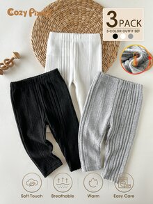 SHEIN Vintaside Kids 3件組女嬰幼兒女童休閒寬鬆打底褲套裝，白色、黑色、淺灰色素色針織羅紋長袖圓領，適合假期派對、居家、冬季穿著 - 彩色 - 查看 3