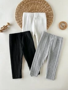 SHEIN Vintaside Kids 3件組女嬰幼兒女童休閒寬鬆打底褲套裝，白色、黑色、淺灰色素色針織羅紋長袖圓領，適合假期派對、居家、冬季穿著 - 彩色 - 查看 2