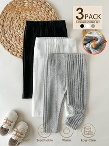 SHEIN Vintaside Kids 3件組女嬰幼兒女童休閒寬鬆打底褲套裝，白色、黑色、淺灰色素色針織羅紋長袖圓領，適合假期派對、居家、冬季穿著 - 彩色 - 查看 8