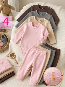 SHEIN Vintaside Kids Baby Girl Romper Fall Winter Long Sleeve Khaki Mint Print Body - Multicolor - View 1