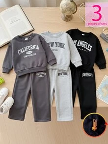SHEIN Playful Pals 3pcs Toddler Girl Wide Leg Sweatpants Cute Grey Black Letter Print Elastic Waist Thick Outdoor Fall Winter Christmas Holiday Birthday Girl Joggers - Multicolor - View 3