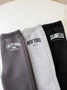 SHEIN Playful Pals 3pcs Toddler Girl Wide Leg Sweatpants Cute Grey Black Letter Print Elastic Waist Thick Outdoor Fall Winter Christmas Holiday Birthday Girl Joggers - Multicolor - View 8
