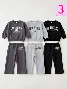 SHEIN Playful Pals 3pcs Toddler Girl Wide Leg Sweatpants Cute Grey Black Letter Print Elastic Waist Thick Outdoor Fall Winter Christmas Holiday Birthday Girl Joggers - Multicolor - View 1