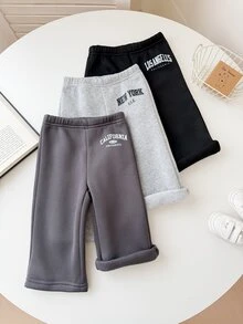 SHEIN Playful Pals 3pcs Toddler Girl Wide Leg Sweatpants Cute Grey Black Letter Print Elastic Waist Thick Outdoor Fall Winter Christmas Holiday Birthday Girl Joggers - Multicolor - View 4
