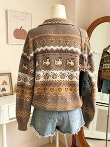 Lalippa Best-Selling Women's Casual Knit Loose Half-Zip Sweatshirt/Print Design - Faux Embroidery Faux Sweatshirt Knit Pattern/Half-Zip Drop Shoulder Loose Casual Long Sleeve Sweatshirt - Khaki - View 2