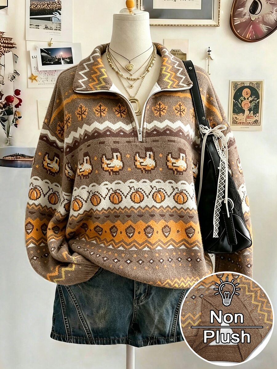 Lalippa Best-Selling Women's Casual Knit Loose Half-Zip Sweatshirt/Print Design - Faux Embroidery Faux Sweatshirt Knit Pattern/Half-Zip Drop Shoulder Loose Casual Long Sleeve Sweatshirt - Khaki - View 1