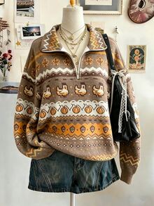 Lalippa Best-Selling Women's Casual Knit Loose Half-Zip Sweatshirt/Print Design - Faux Embroidery Faux Sweatshirt Knit Pattern/Half-Zip Drop Shoulder Loose Casual Long Sleeve Sweatshirt - Khaki - View 5
