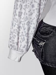 SHEIN ICON Plus Size Vintage Y2K Asymmetrical Shoulder Grey White Distressed Leopard Print Cinched Waist Long Sleeve Top Fall - Multicolor - View 8