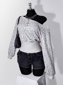 SHEIN ICON Plus Size Vintage Y2K Asymmetrical Shoulder Grey White Distressed Leopard Print Cinched Waist Long Sleeve Top Fall - Multicolor - View 3
