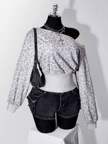 SHEIN ICON Plus Size Vintage Y2K Asymmetrical Shoulder Grey White Distressed Leopard Print Cinched Waist Long Sleeve Top Fall - Multicolor - View 6