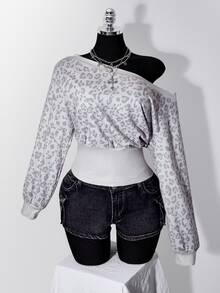 SHEIN ICON Plus Size Vintage Y2K Asymmetrical Shoulder Grey White Distressed Leopard Print Cinched Waist Long Sleeve Top Fall - Multicolor - View 4
