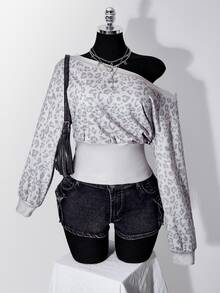 SHEIN ICON Plus Size Vintage Y2K Asymmetrical Shoulder Grey White Distressed Leopard Print Cinched Waist Long Sleeve Top Fall - Multicolor - View 1