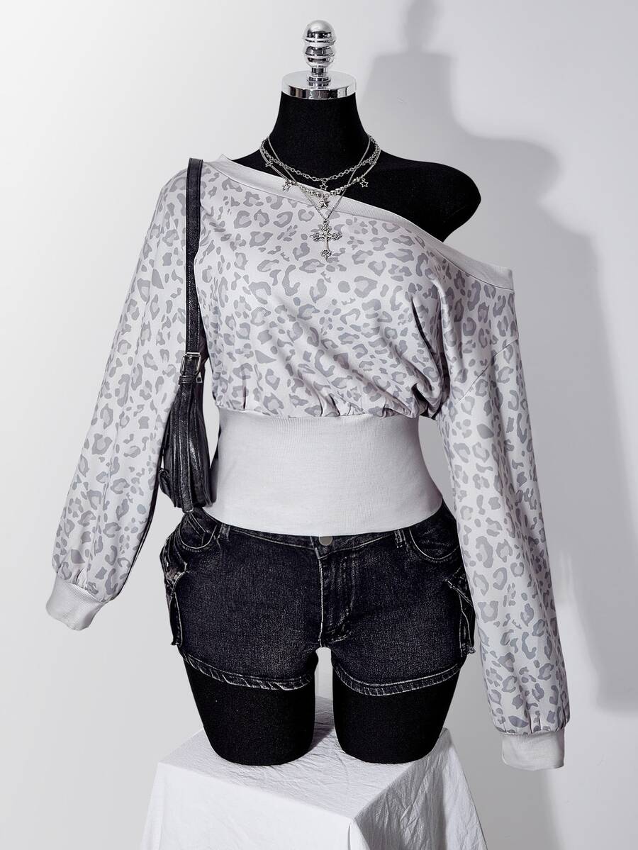 SHEIN ICON Plus Size Vintage Y2K Asymmetrical Shoulder Grey White Distressed Leopard Print Cinched Waist Long Sleeve Top Fall - Multicolor - View 1