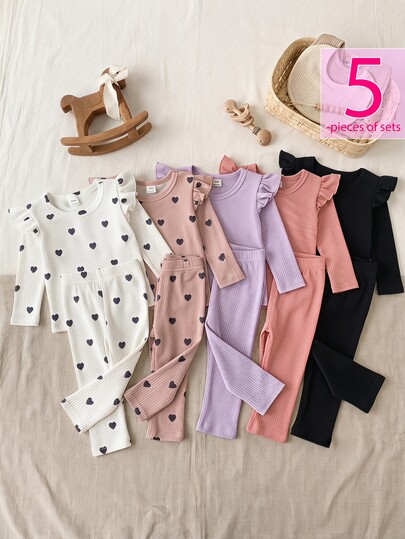 SHEIN Playful Pals 5 Pack Toddler Girl Tops + Pants Set Cute Sweet White Pink Purple Heart Print Flutter Sleeve Rib Knit Long Sleeve Round Neck Birthday Fall Holiday