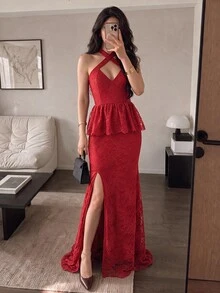 Modelyn Women's Halter Neck Lace Hem Slit Long Formal Evening Gown Dress (Heavy Workmanship Style) - Burgundy - View 1