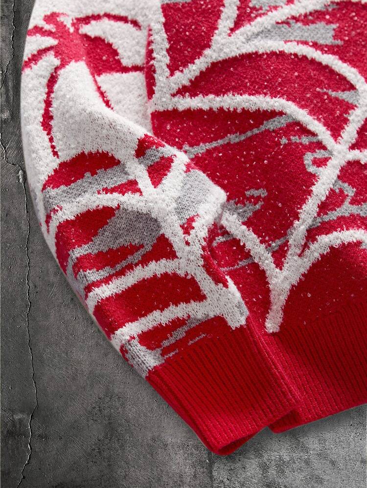 AXEPEAK Men's Round Neck Spider All-Over Print Casual Fashion Versatile Knit Sweater - Red - View 4