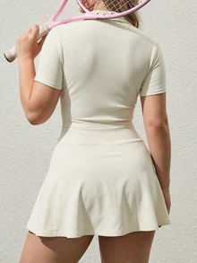 CourtClass Women's Plus Size Short Sleeve Polo Shirt And Skirt Sports Kawaii Set Workout Gym White Summer - Beige - View 2