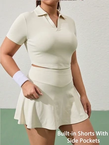 CourtClass Women's Plus Size Short Sleeve Polo Shirt And Skirt Sports Kawaii Set Workout Gym White Summer - Beige - View 3