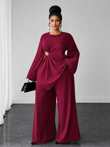 Maweii Plus Size Women Minimalist 2pcs Set Flared Long Sleeve Cinched Waist Metal Button Asymmetrical Top T-Shirt Wide Leg Pants Elegant Robe Outfit Autumn Winter Innerwear - Rust Brown - View 4