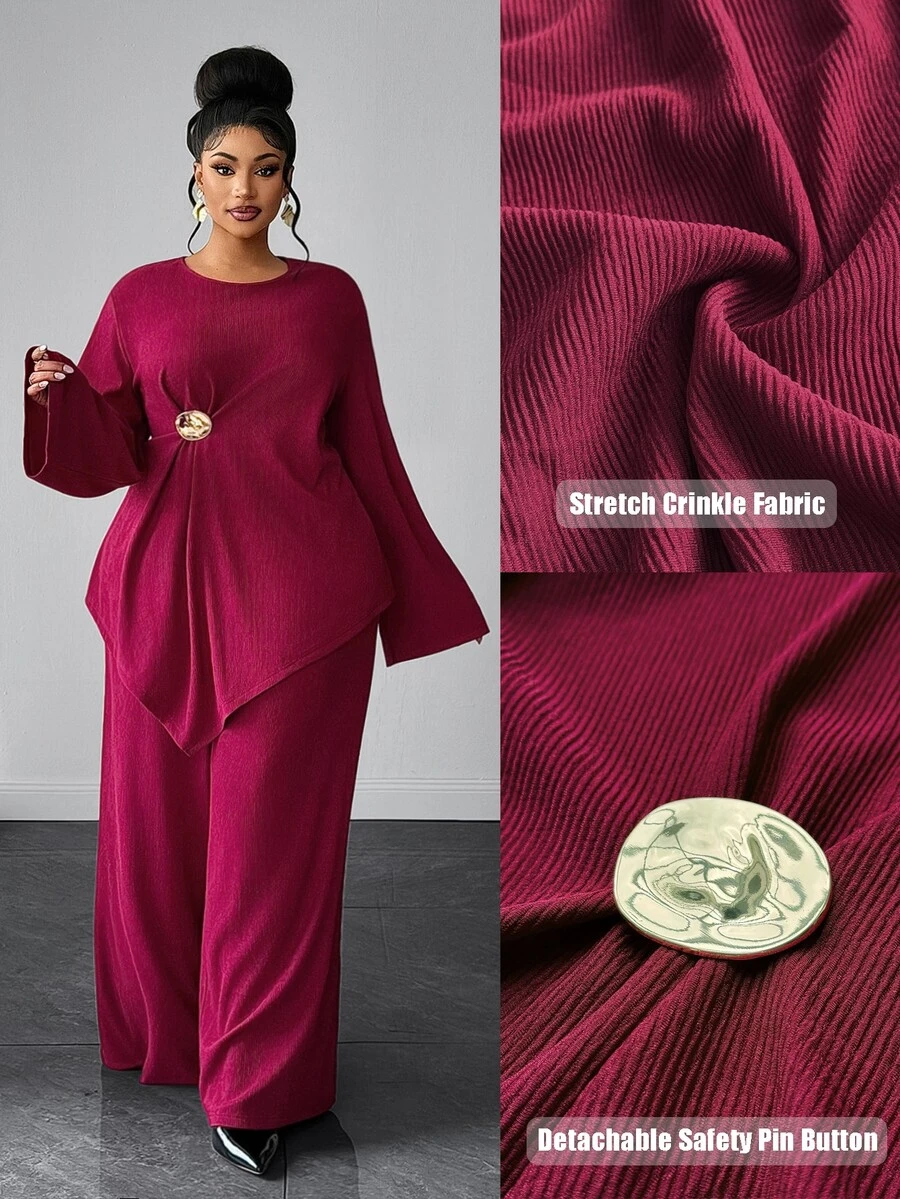 Maweii Plus Size Women Minimalist 2pcs Set Flared Long Sleeve Cinched Waist Metal Button Asymmetrical Top T-Shirt Wide Leg Pants Elegant Robe Outfit Autumn Winter Innerwear - Rust Brown - View 1
