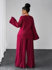 Maweii Plus Size Women Minimalist 2pcs Set Flared Long Sleeve Cinched Waist Metal Button Asymmetrical Top T-Shirt Wide Leg Pants Elegant Robe Outfit Autumn Winter Innerwear - Rust Brown - View 2