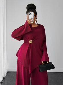 Maweii Plus Size Women Minimalist 2pcs Set Flared Long Sleeve Cinched Waist Metal Button Asymmetrical Top T-Shirt Wide Leg Pants Elegant Robe Outfit Autumn Winter Innerwear - Rust Brown - View 3