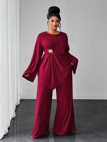 Maweii Plus Size Women Minimalist 2pcs Set Flared Long Sleeve Cinched Waist Metal Button Asymmetrical Top T-Shirt Wide Leg Pants Elegant Robe Outfit Autumn Winter Innerwear - Rust Brown - View 6