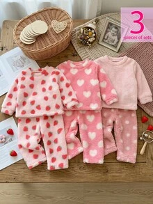 SHEIN Vintaside Kids 3件組幼女上衣褲子套裝 可愛甜美粉色草莓花朵波點 絨毛長袖圓領 加厚戶外冬季秋季聖誕毛茸茸 - 彩色 - 查看 3