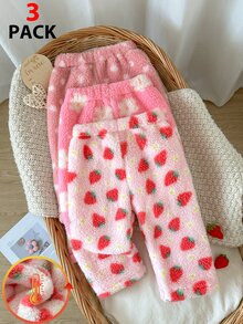 SHEIN Vintaside Kids 3件組幼女上衣褲子套裝 可愛甜美粉色草莓花朵波點 絨毛長袖圓領 加厚戶外冬季秋季聖誕毛茸茸 - 彩色 - 查看 7