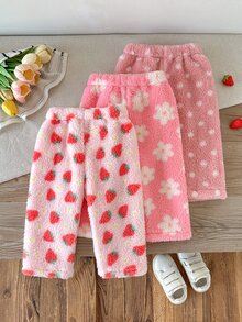 SHEIN Vintaside Kids 3件組幼女上衣褲子套裝 可愛甜美粉色草莓花朵波點 絨毛長袖圓領 加厚戶外冬季秋季聖誕毛茸茸 - 彩色 - 查看 2