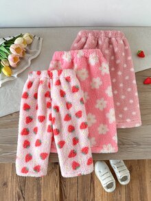 SHEIN Vintaside Kids 3件組幼女上衣褲子套裝 可愛甜美粉色草莓花朵波點 絨毛長袖圓領 加厚戶外冬季秋季聖誕毛茸茸 - 彩色 - 查看 5