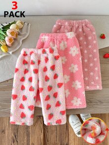 SHEIN Vintaside Kids 3件組幼女上衣褲子套裝 可愛甜美粉色草莓花朵波點 絨毛長袖圓領 加厚戶外冬季秋季聖誕毛茸茸 - 彩色 - 查看 4